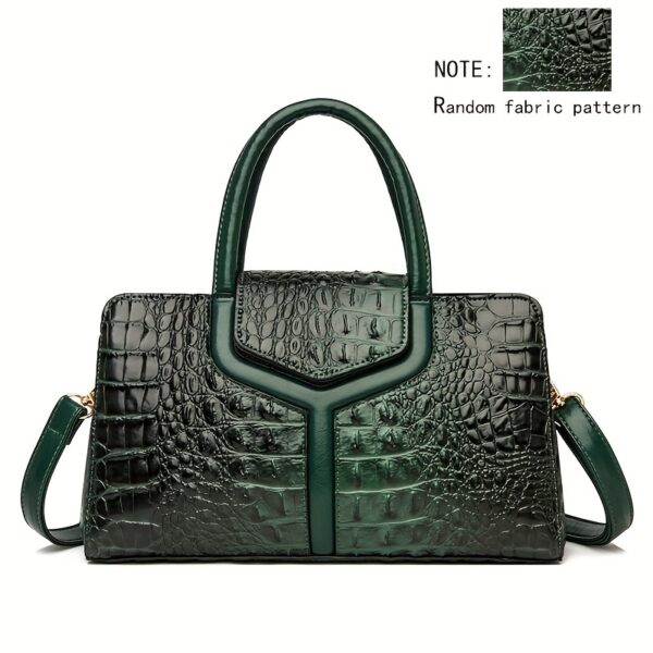 Elegant Women's Crocodile-Embossed Handbag - Chic European & American Style, Versatile Crossbody & Shoulder Bag in Black with Green Accents, Durable PU Material with Polyester Lining, Zip Closure