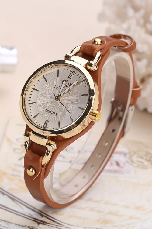 Wal-Joy Women’s Elegant Minimalist Quartz Watch with White Dial, Golden-Tone Markers & Light Brown Faux Leather Strap – Casual Chic Casual Attire, Stylish Wristwatch | Sleek Round Case | Clear Numeral Markers