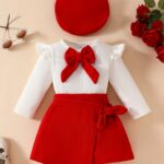 3pcs Baby's Adorable Bowknot Decor Long Sleeve Top + Beret + Trendy Skirt, Toddler & Infant Girl's Clothing Outdoor Set For Winter Fall, Outdoor Cloth - Image 3