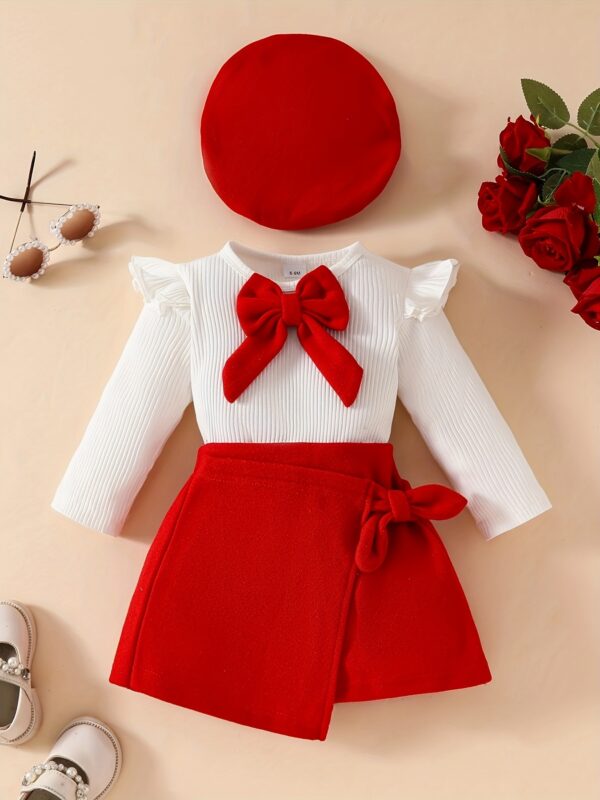 3pcs Baby's Adorable Bowknot Decor Long Sleeve Top + Beret + Trendy Skirt, Toddler & Infant Girl's Clothing Outdoor Set For Winter Fall, Outdoor Cloth - Image 3