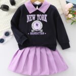 Two-piece Set for Girls: Fashionable Letter Random Print with Turnover Collar Regular Long Sleeve Top + Pleated Edge Solid Color Regular Short Skirt Length and Thigh Spring and Autumn Casual Half Skirt Set - Image 2