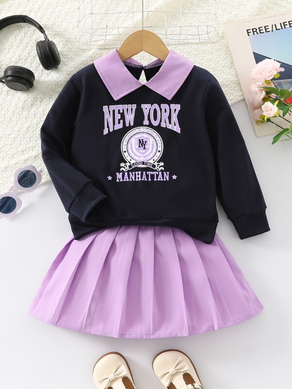 Two-piece Set for Girls: Fashionable Letter Random Print with Turnover Collar Regular Long Sleeve Top + Pleated Edge Solid Color Regular Short Skirt Length and Thigh Spring and Autumn Casual Half Skirt Set - Image 2