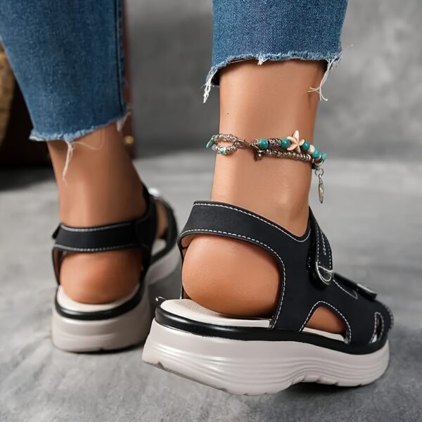 Women's Sandals Black, High-Quality PU Material with Adjustable Strap, Comfortable Thick Sole Summer Vacation Style, Beige/Black/Navy Beach Wear | Durable Synthetic Cover Shoes - Image 14