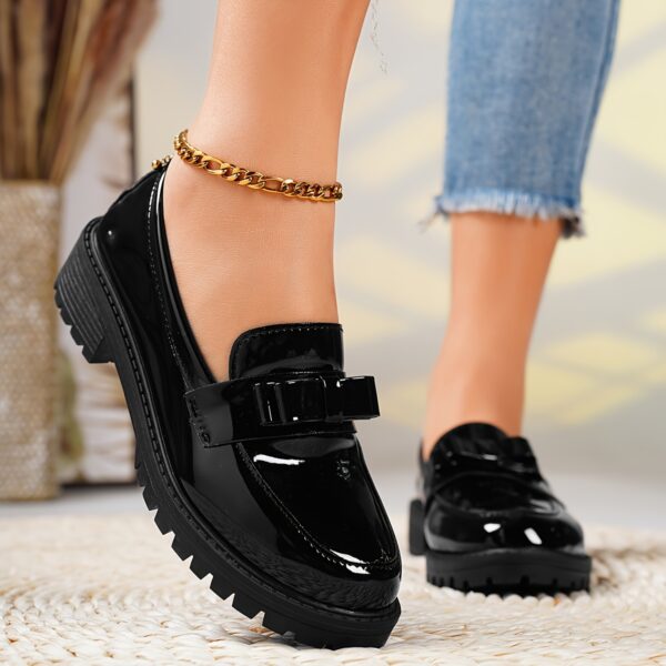 Women's Black Cover Loafers with Bow Detail - Comfortable Thick Sole, Round Toe Slip-On Shoes, Versatile for All Seasons