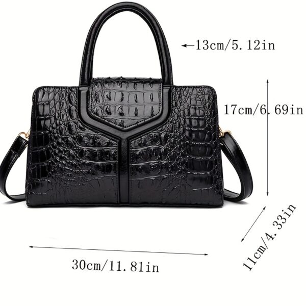 Elegant Women's Crocodile-Embossed Handbag - Chic European & American Style, Versatile Crossbody & Shoulder Bag in Black with Green Accents, Durable PU Material with Polyester Lining, Zip Closure - Image 3