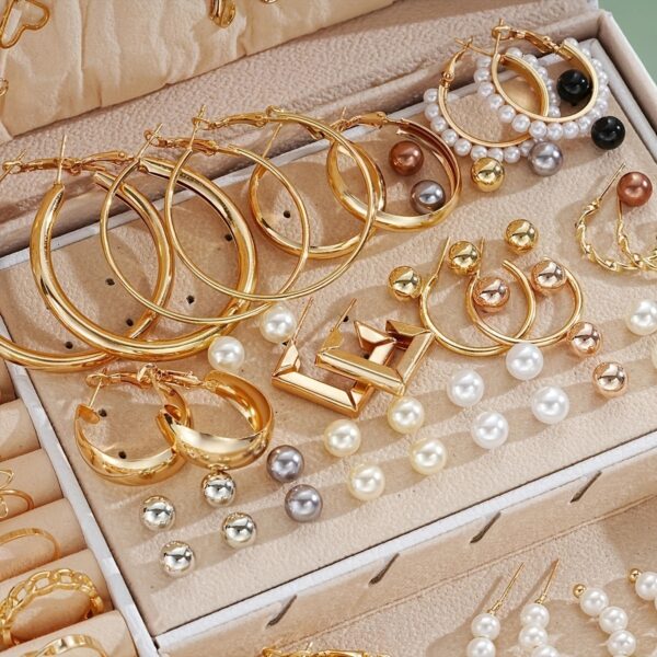 91pcs/114pcs Fashion Minimalist Luxury Metal Wind Hoop Earrings Set Hollow Layered Flower Ring Rhinestone Butterfly Bead Faux Imitation Pearl Pendant Necklace Beaded Bracelet Box Women's Jewelry Set for s Daily Party Friendship Birthday Gift No Box - Image 5