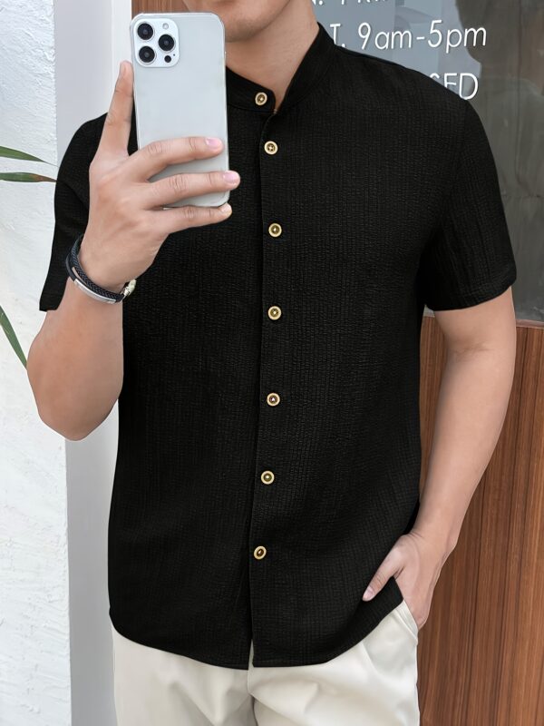 Men'S Lightweight Summer Casual Shirt - Solid Color Beige, Short Sleeve, Stand Collar, Button-Up, Breathable Woven Fabric for Outdoor & Weekend Wear, Relaxed Fit Shirt | Classic Collar Shirt | Durable Fabri - Image 8