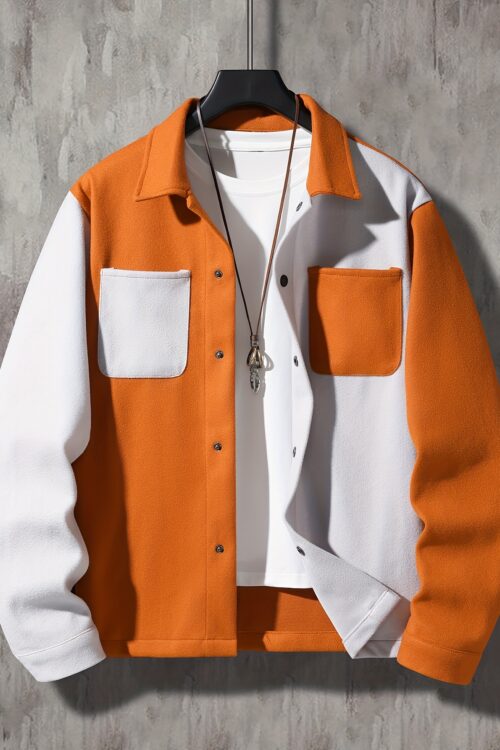 Men’s Color Block Corduroy Jacket – Casual Winter Coat with Pockets, Button-Up Front, Orange & White Design, Snap Closure, Polyester Material
