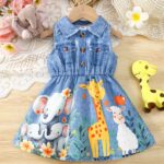 A Cute Sleeveless Dress for Baby Girls Featuring a Shirt Collar, Print Faux Denim, And Animal-Themed Designs, Perfect for Summer.