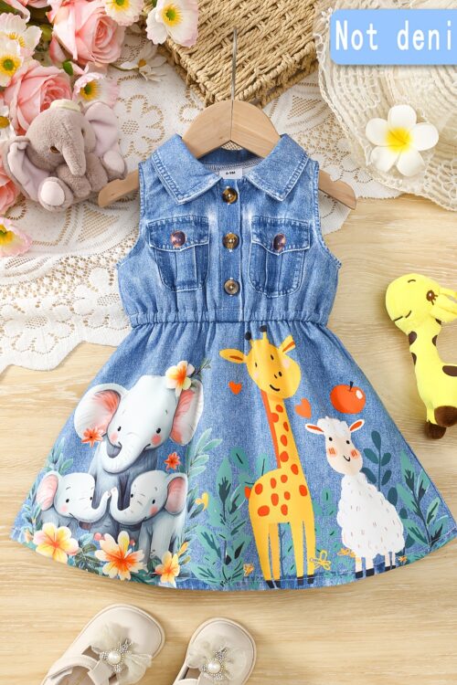 A Cute Sleeveless Dress for Baby Girls Featuring a Shirt Collar, Print Faux Denim, And Animal-Themed Designs, Perfect for Summer.