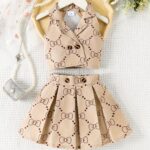 P100574 Fashion Sleeveless Top with Butterfly Knot Print And Pleated Skirt Set for Little Girls - Image 2