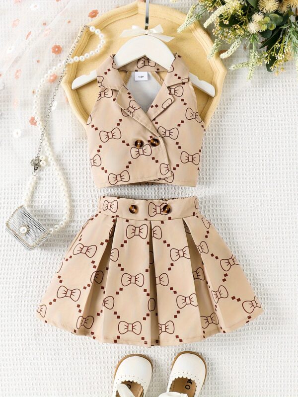P100574 Fashion Sleeveless Top with Butterfly Knot Print And Pleated Skirt Set for Little Girls - Image 2