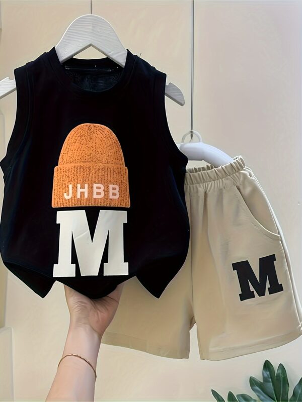 2pcs Cotton Set For Baby Boys, Summer Casual Sleeveless Round Neck Vest With Cap Design & Shorts, Fashionable Outfit Set, Green/Beige, Kids Comfort Wear, Outdoor Cloth - Image 2