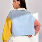 Women's Elegant Color-Block Drop Shoulder Jacket - Lightweight Short-Length Lapel Collar with Chest Pockets & Decorative Patch, Spring/Fall Casual Outerwear Light Blue/White/Pink, Yellow/Green/White, Button Front Closure, Singlesided Buttonup - Image 2