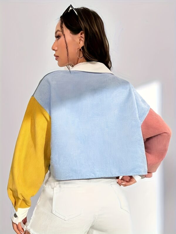 Women's Elegant Color-Block Drop Shoulder Jacket - Lightweight Short-Length Lapel Collar with Chest Pockets & Decorative Patch, Spring/Fall Casual Outerwear Light Blue/White/Pink, Yellow/Green/White, Button Front Closure, Singlesided Buttonup - Image 2
