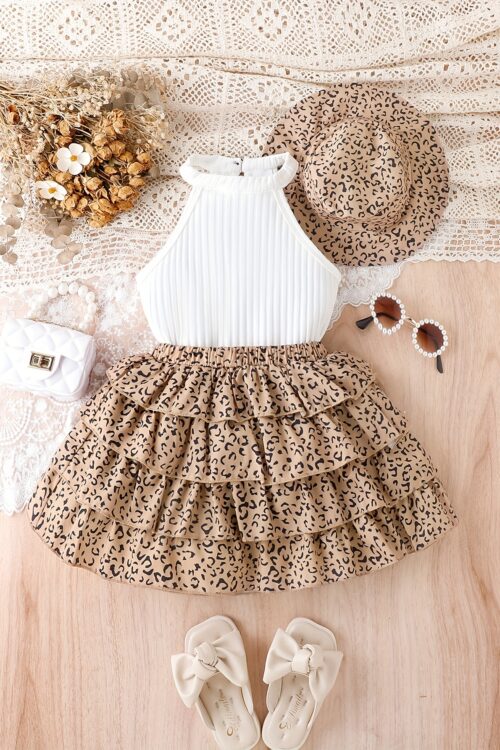 Girls’ 3pcs Vintage Leopard Print Outfit Set – Sleeveless Cotton Blend Bandeau Top, Tiered Skirt, and Matching Hat – Casual Summer Wear for Kids with Frill Details