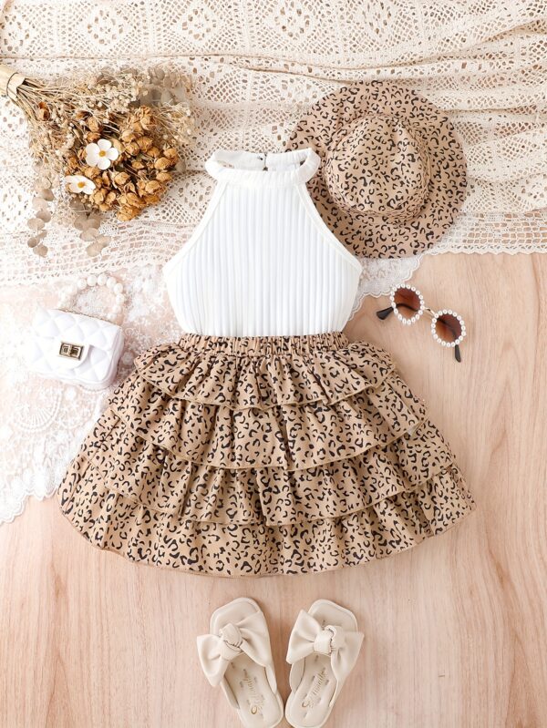 Girls' 3pcs Vintage Leopard Print Outfit Set - Sleeveless Cotton Blend Bandeau Top, Tiered Skirt, and Matching Hat - Casual Summer Wear for Kids with Frill Details