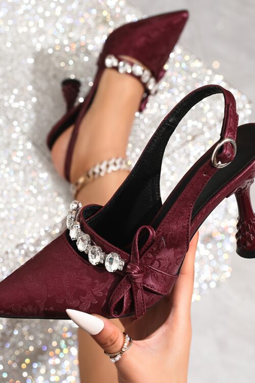 Elegant French-Inspired Pointed Toe Stiletto Sandals for Women – Summer High Heels with Ankle Strap, Rhinestone Embellishments & Bow Detail, Red & Black, Faux Cover, Perfect for Casual or Formal Occasions, Stiletto Heels