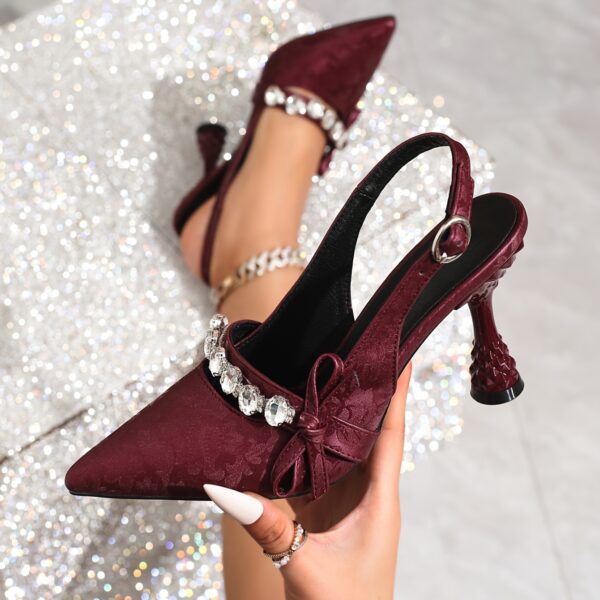 Elegant French-Inspired Pointed Toe Stiletto Sandals for Women - Summer High Heels with Ankle Strap, Rhinestone Embellishments & Bow Detail, Red & Black, Faux Cover, Perfect for Casual or Formal Occasions, Stiletto Heels