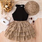 Girls' 3pcs Vintage Leopard Print Outfit Set - Sleeveless Cotton Blend Bandeau Top, Tiered Skirt, and Matching Hat - Casual Summer Wear for Kids with Frill Details - Image 3