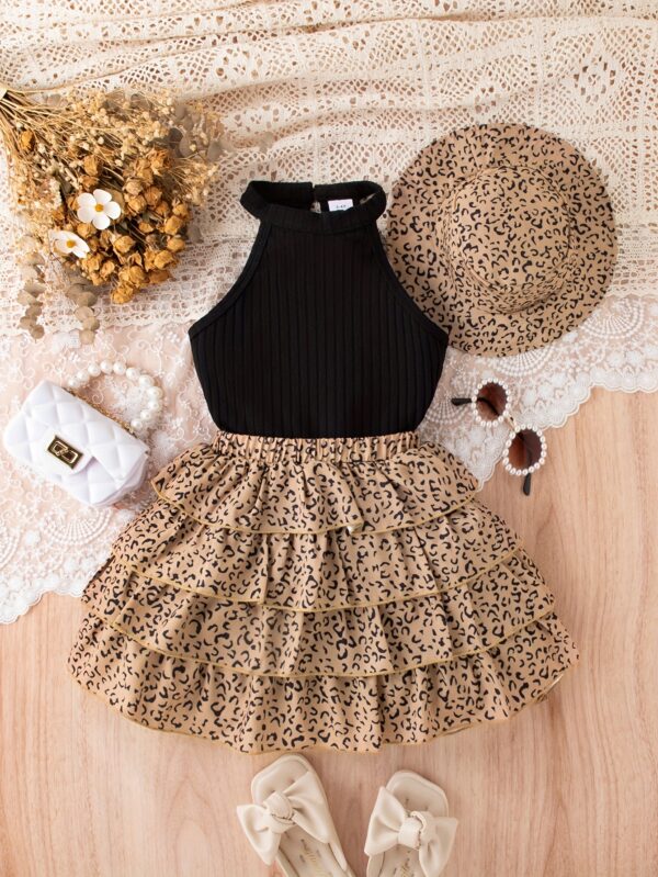 Girls' 3pcs Vintage Leopard Print Outfit Set - Sleeveless Cotton Blend Bandeau Top, Tiered Skirt, and Matching Hat - Casual Summer Wear for Kids with Frill Details - Image 3