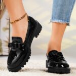 Women's Black Cover Loafers with Bow Detail - Comfortable Thick Sole, Round Toe Slip-On Shoes, Versatile for All Seasons - Image 3