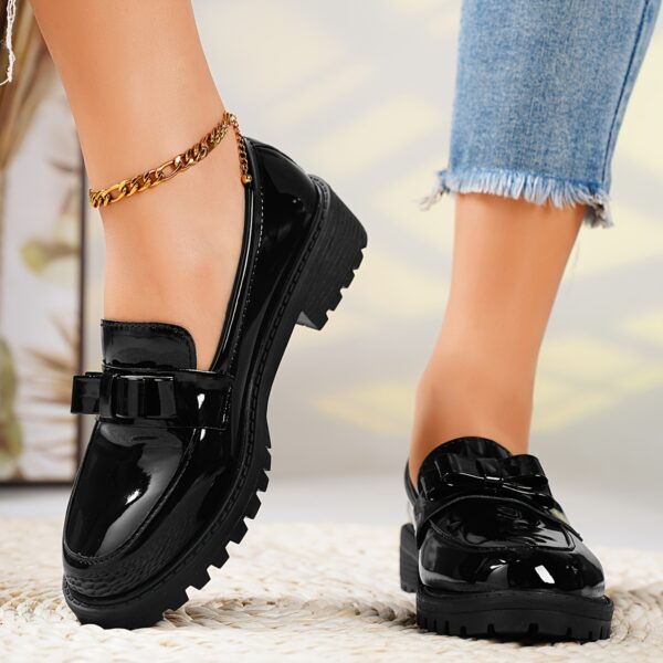 Women's Black Cover Loafers with Bow Detail - Comfortable Thick Sole, Round Toe Slip-On Shoes, Versatile for All Seasons - Image 3