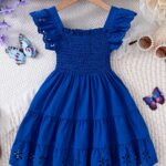 Girls Comfy Solid Ruffle Sleeve Square Neck Dress, Casual Dresses For Summer Holiday Party Gift - Image 4