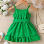 Charming Green Jacquard Fabric Dress for Toddler Girls - Sleeveless Summer Princess Gown with Ruffled Hem and Bow Detail, Machine Washable, Toddler Princess Dress - Image 4