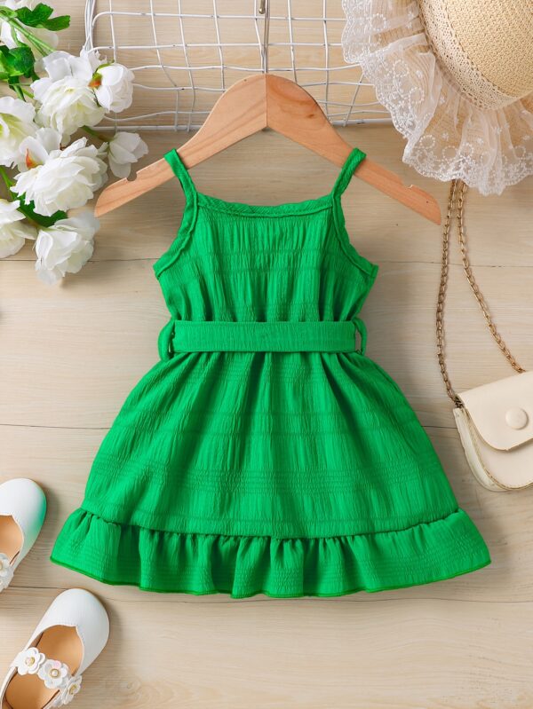 Charming Green Jacquard Fabric Dress for Toddler Girls - Sleeveless Summer Princess Gown with Ruffled Hem and Bow Detail, Machine Washable, Toddler Princess Dress - Image 4