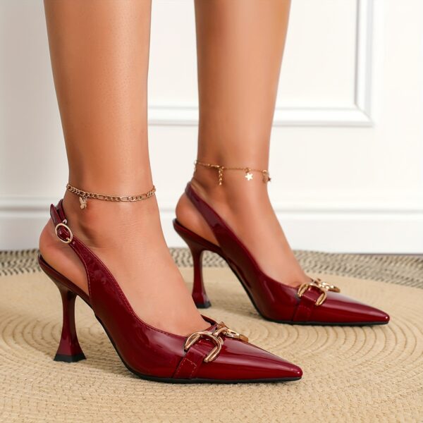 1 Pair Elegant Solid Color Pointed Toe Stiletto Pumps, Metal Buckle Accent, All-Season Slip-On High Heels for Weddings, Parties, and Work - TPU Sole, Man-Made Materials - Image 5