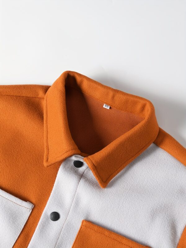 Men's Color Block Corduroy Jacket - Casual Winter Coat with Pockets, Button-Up Front, Orange & White Design, Snap Closure, Polyester Material - Image 7