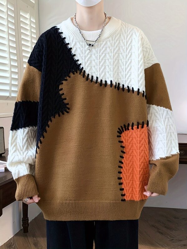 Men's Color-Block Cable Knit Sweater - Soft Warm All-Season Casual Pullover with Contrast Design, Machine Washable Regular Fit Round Neck Long Sleeve, Knitted Sweater, Durable Comfort Wear - Image 7