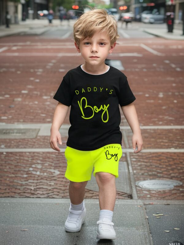 2pcs Summer Outdoors Boys' Casual Letter Print T-Shirt and Shorts Set, Daddy'S Boy, Soft Knit Polyester with Slight Stretch, Short Sleeve, Crew Neck, for Boys, for Outdoor - Image 3