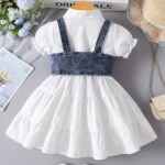 Girls' White Puff Sleeve Dress Paired with a Vest Two-Piece Set P101325 - Image 4