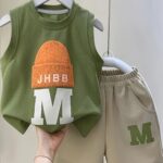 2pcs Cotton Set For Baby Boys, Summer Casual Sleeveless Round Neck Vest With Cap Design & Shorts, Fashionable Outfit Set, Green/Beige, Kids Comfort Wear, Outdoor Cloth