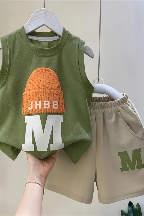 2pcs Cotton Set For Baby Boys, Summer Casual Sleeveless Round Neck Vest With Cap Design & Shorts, Fashionable Outfit Set, Green/Beige, Kids Comfort Wear, Outdoor Cloth