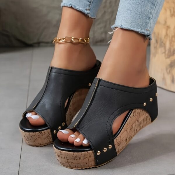 Women's Elegant Retro Mary Jane Wedge Sandals - Slip-On Thick Platform Heel with Metallic Studs & Adjustable Golden Chain Ankle Strap, Breathable PU Cover Open-Toe Summer Shoes in Black/Navy/Brown-Golden, Comfortable Footwear | Open Toe Design | Durable Footwear - Image 4