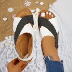 Women's Two-Tone Wedge Sandals - Open Toe, Chunky Heel, Faux Cover with Metallic Buckle Strap, Perfect for Beach, Party & Casual Outings, Beachwear Shoes | Durable Tpr Sole, Ladies Sandals - Image 5