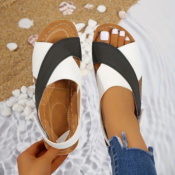 Women's Two-Tone Wedge Sandals - Open Toe, Chunky Heel, Faux Cover with Metallic Buckle Strap, Perfect for Beach, Party & Casual Outings, Beachwear Shoes | Durable Tpr Sole, Ladies Sandals - Image 5