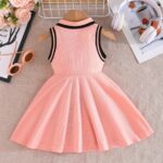 Toddler Sleeveless A-Line Dress - Vibrant Green with Black & White Striped Design, Button-Up Collar, Perfect for Summer Outdoor Activities, Youngsters' Fashion, Casual Wear|Sporty Style|Strapless Design, Youngsters Dress - Image 10