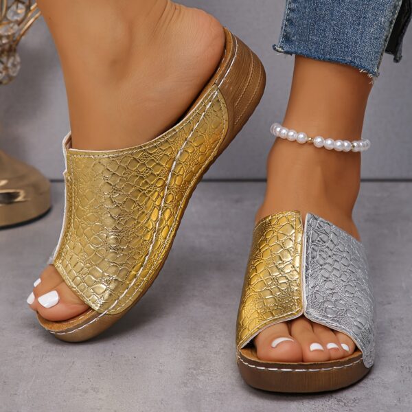 Women's Two Tone Wedge Slide Sandals, Crocodile Pattern Peep Toe Slip On Shoes, Comfy Soft Sole Slide Shoes - Image 4