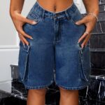 Women's Casual Denim Cargo Shorts with Flap Pockets - High-Waist, Non-Stretch, Solid Color, Machine Washable, Rayon Blend, Perfect for Spring/Fall