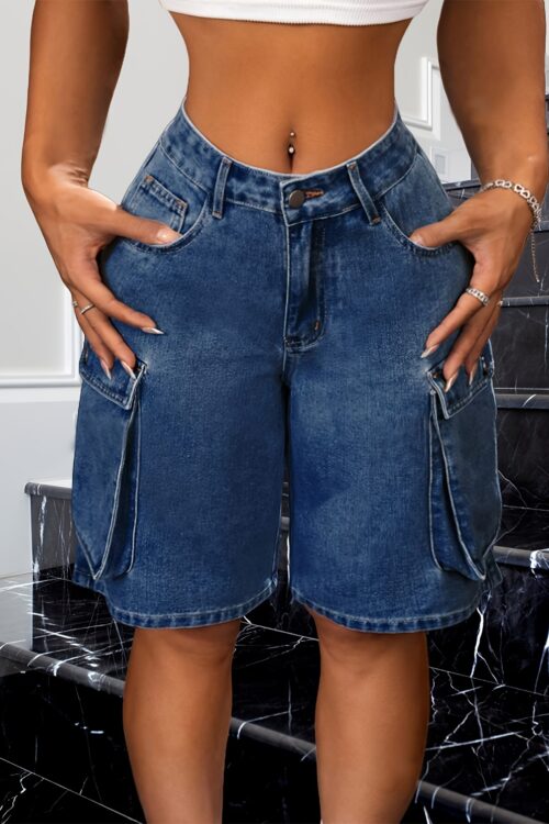 Women’s Casual Denim Cargo Shorts with Flap Pockets – High-Waist, Non-Stretch, Solid Color, Machine Washable, Rayon Blend, Perfect for Spring/Fall