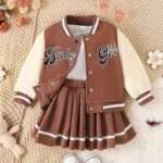 Preppy Style Girls 2pcs BABY GIRL Print Baseball Jacket + Pleated Skirt Outdoor Set For Party Sports Gift - Image 5
