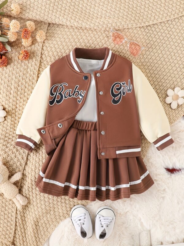 Preppy Style Girls 2pcs BABY GIRL Print Baseball Jacket + Pleated Skirt Outdoor Set For Party Sports Gift - Image 5