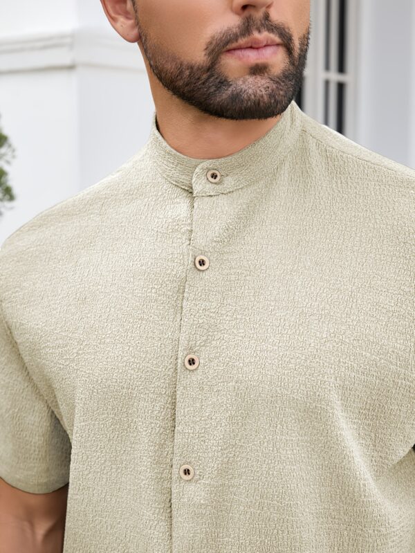 Men'S Lightweight Summer Casual Shirt - Solid Color Beige, Short Sleeve, Stand Collar, Button-Up, Breathable Woven Fabric for Outdoor & Weekend Wear, Relaxed Fit Shirt | Classic Collar Shirt | Durable Fabri - Image 5