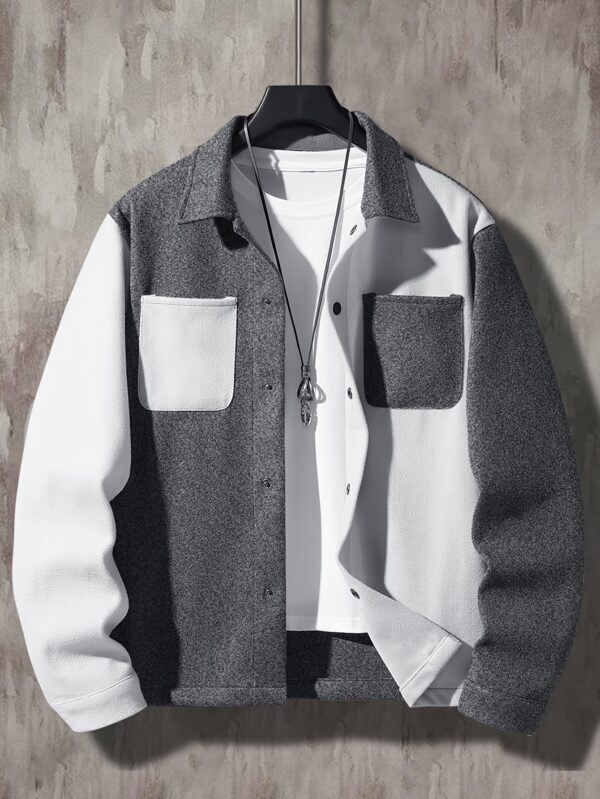 Men's Color Block Corduroy Jacket - Casual Winter Coat with Pockets, Button-Up Front, Orange & White Design, Snap Closure, Polyester Material - Image 2