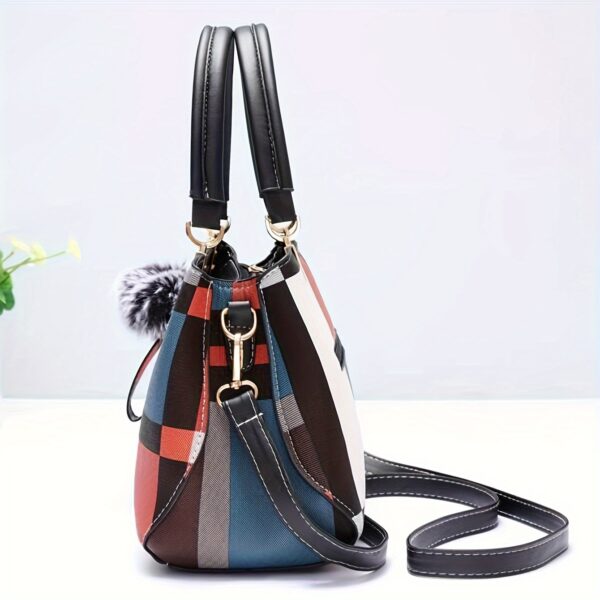 Plaid Decorated Women's Fashion Small Handbag with Ball Decoration Multi-Layer Mini Crossbody Bag Suitable for Date Party Student White Collar - Image 2