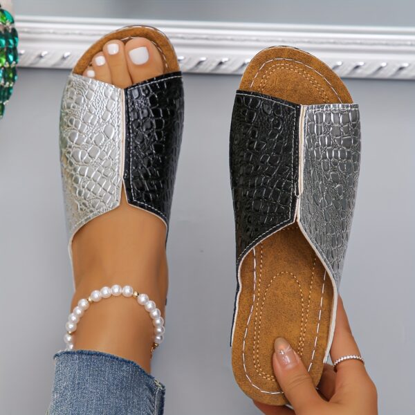 Women's Two Tone Wedge Slide Sandals, Crocodile Pattern Peep Toe Slip On Shoes, Comfy Soft Sole Slide Shoes - Image 9